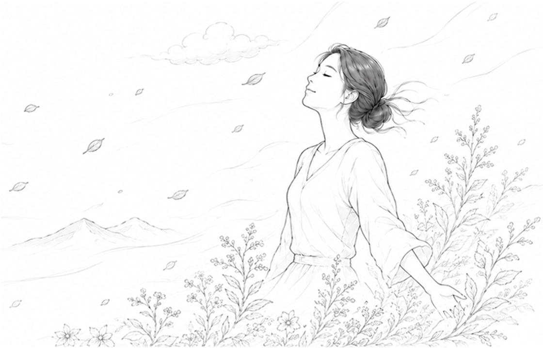 자연 속에서 편안하게 쉬고 있는 여성 일러스트